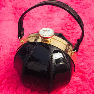 Black & Gold Round Hard Shell Purse Metallic Jewel